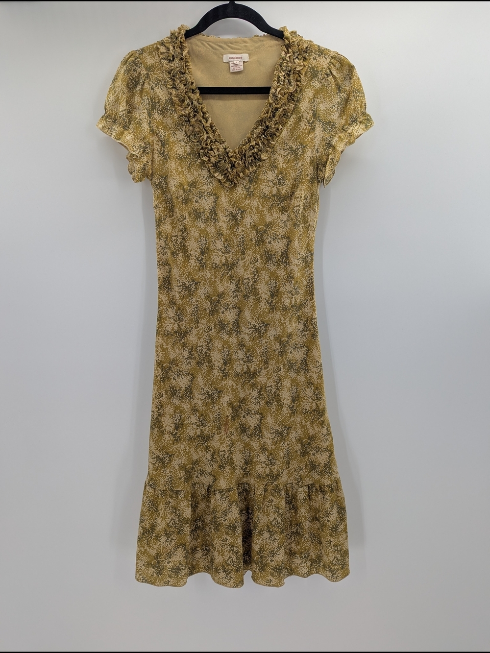 Sundance 100% Silk Floral Dress Cottagecore Fairy 6 Yellow Ruffles Prairie Boho